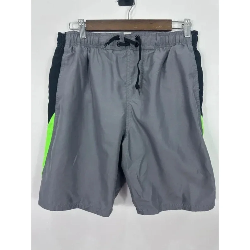 Nike Swim Trunks Mens Medium Gray Black Neon Green Colorblock Board Shorts Beach